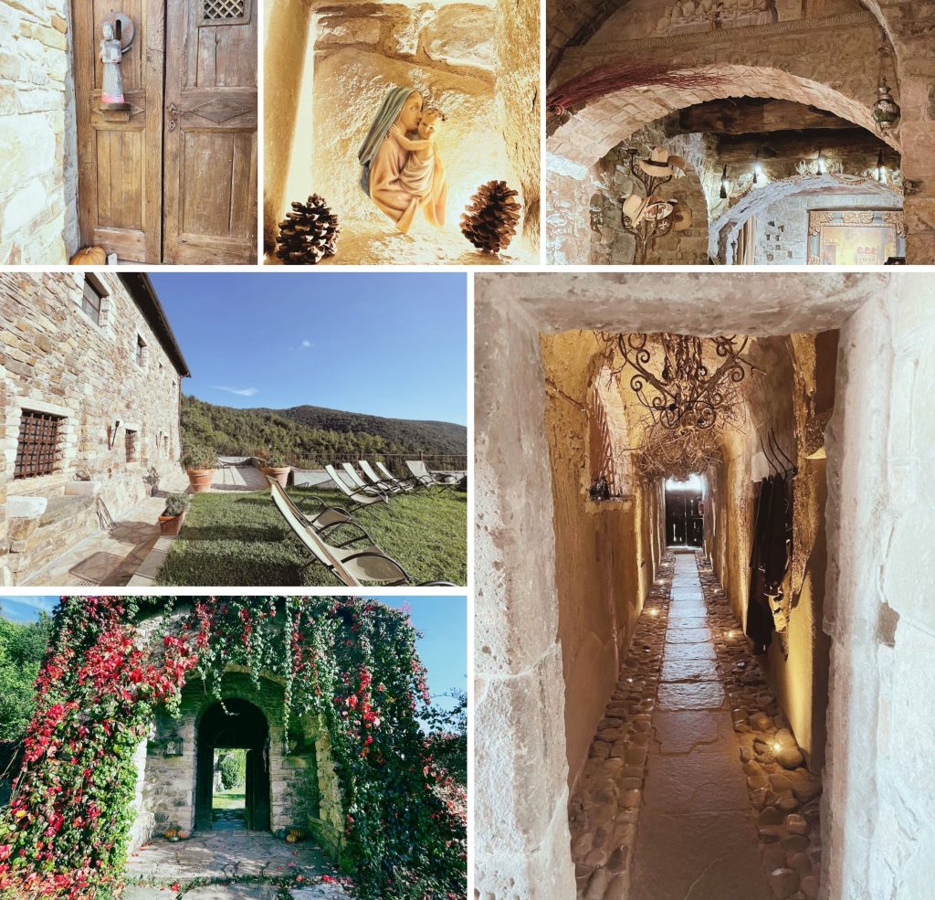 This photograph presents a collage of six images showcasing various aspects of an ancient stone structure, likely a castle or villa. In the top-left corner, a pair of wooden doors with metal hinges and door handles are prominently featured. Adjacent to them is an illuminated wall adorned with a sculpture of a woman and a pine cone. The remaining four images depict the interior of the building, characterized by stone walls and arched doorways. A long corridor lined with stone is also visible, while another image showcases a lush grassy area surrounded by stone walls. The overall ambiance of the photograph suggests that it was taken in Italy, possibly during the Renaissance or Baroque period. The structure's architecture and design are reminiscent of traditional Italian villas from this time period.