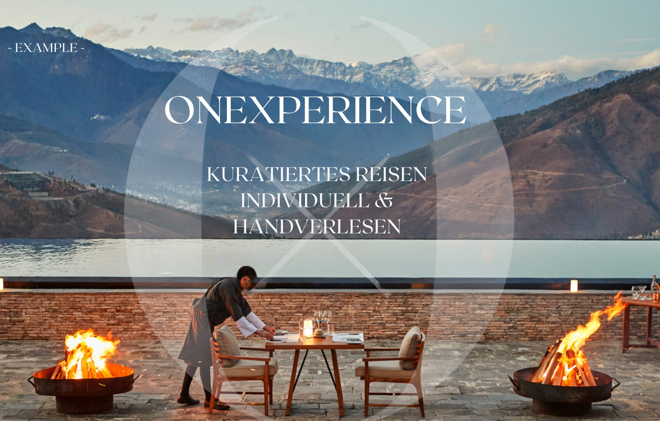 This image is an advertisement for the "ONEXPERIENCE" brand, featuring a serene outdoor setting with a waiter preparing a table in front of a stunning mountain range. The top section showcases a majestic mountainscape, while the bottom half reveals a picturesque stone patio overlooking the snow-capped peaks and tranquil water. A fire pit on the left side adds warmth to the ambiance. The central image depicts a waiter meticulously setting the table with fine china, glasses, and silverware. The text "ONEXPERIENCE" is prominently displayed in large white letters at the top of the image, accompanied by additional German text below it. The overall atmosphere exudes luxury and refinement, evoking a sense of exclusivity and sophistication.