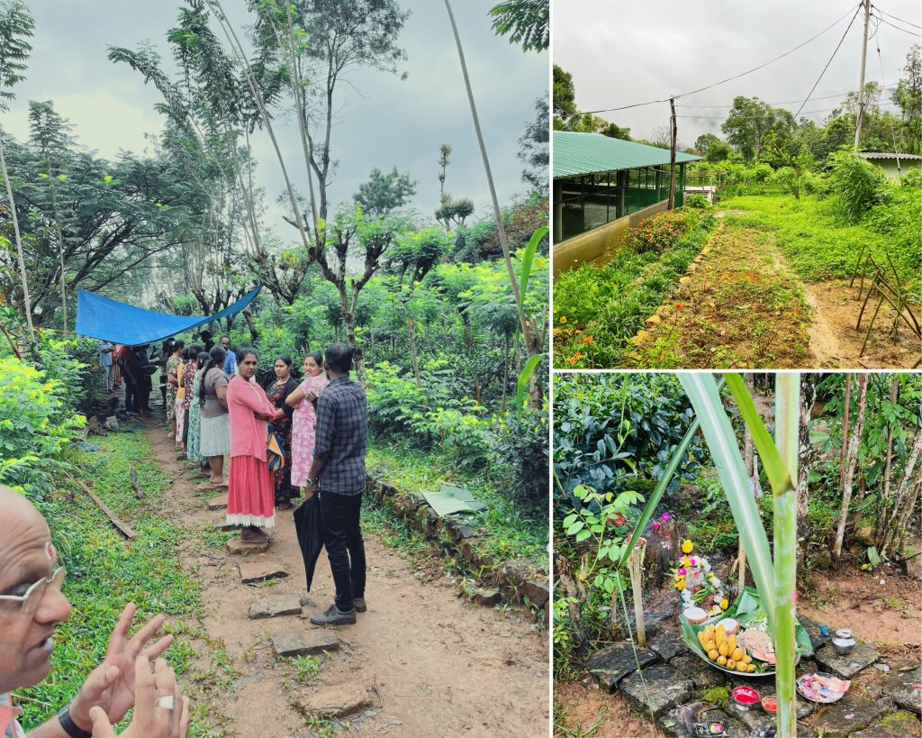 This image presents a multi-panel collage showcasing various aspects of an outdoor gathering or celebration. The left panel depicts a group of individuals standing in a line, with some holding sticks or poles above their heads, situated on a dirt path surrounded by lush greenery. The top right panel features a long, single-track trail leading to a building with a distinctive green roof, while the bottom right panel focuses on a collection of small objects arranged around a plant. The background of all panels is dominated by trees and bushes, set against an overcast sky.