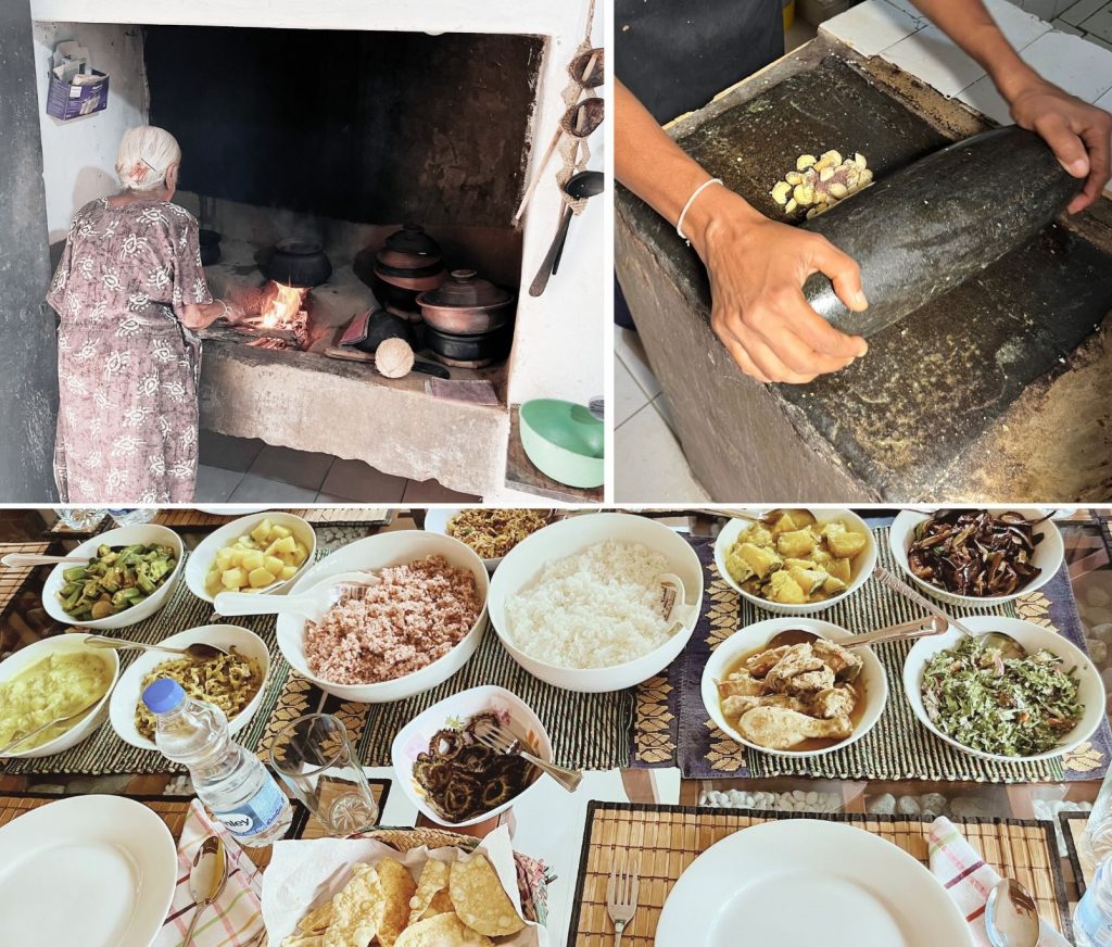 A collage showcasing traditional cooking: the top left features an elderly woman tending to a wood-fired stove with clay pots, the top right shows a hand grinding spices on a stone slab, and the bottom displays a banquet of homemade dishes, including rice, vegetables, and fried snacks arranged on a table.