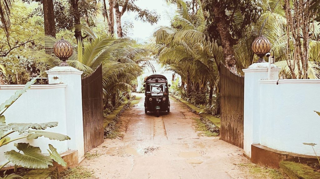 The image depicts a serene tropical setting, featuring a black tuk-tuk driving down a dirt road lined with lush greenery. In the foreground, two white walls are visible on either side of the road, each adorned with a large, ornate light fixture resembling a pineapple. The walls appear to be part of a fence or barrier, adding to the sense of seclusion and tranquility. The tuk-tuk is driving away from the camera, its dark color providing a striking contrast against the vibrant green surroundings. The road itself is unpaved and dusty, with patches of grass and weeds growing in between the cracks. Beyond the walls, dense foliage can be seen on both sides of the road, comprising various types of trees and plants that contribute to the tropical ambiance. In the background, tall palm trees rise above the rest of the vegetation, their slender trunks swaying gently in the breeze. The overall atmosphere of the image is one of peacefulness and relaxation, evoking a sense of being in a secluded paradise far removed from the hustle and bustle of city life.
