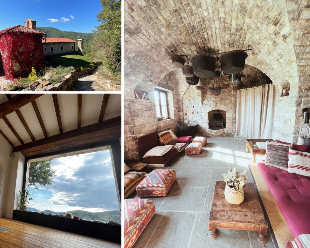 Alt tag: "A collage of a rustic stone property surrounded by greenery, a panoramic window revealing a scenic landscape, and a cozy, earthy-toned interior featuring stone walls and traditional seating."