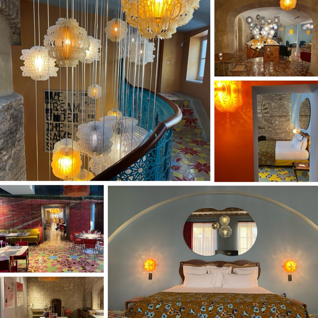 This collage of images showcases the interior design of a hotel room, featuring a harmonious blend of lighting fixtures, furniture, and decor. The top-left photo highlights the room's unique lighting system, comprising numerous spherical lights suspended from the ceiling on long cables, creating a dynamic ambiance. The adjacent image reveals an arched doorway leading to another room in the background, while the third photo showcases several spherical lights arranged on a table, adding to the overall aesthetic. In the bottom-right corner, a large bed with a brown floral comforter and white pillows takes center stage, flanked by two round wall sconces. The adjacent images offer glimpses into various rooms within the hotel, each boasting its own distinct lighting fixtures and decor. Overall, this image presents a visually stunning representation of the hotel's interior design, emphasizing the importance of thoughtful lighting choices in creating a welcoming atmosphere for guests.