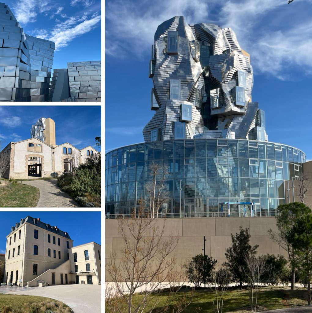 Alt tag: A collage of four architectural images featuring a modern, abstract building with a silver facade and large glass windows, alongside historical structures with stone and traditional designs, set against a blue sky.