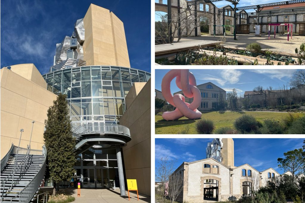 Alt tag: "Collage of an architectural site featuring a modern glass and metal building alongside images of an open-air space, a colorful sculpture, a historic house, and a restored brick structure under a clear blue sky."