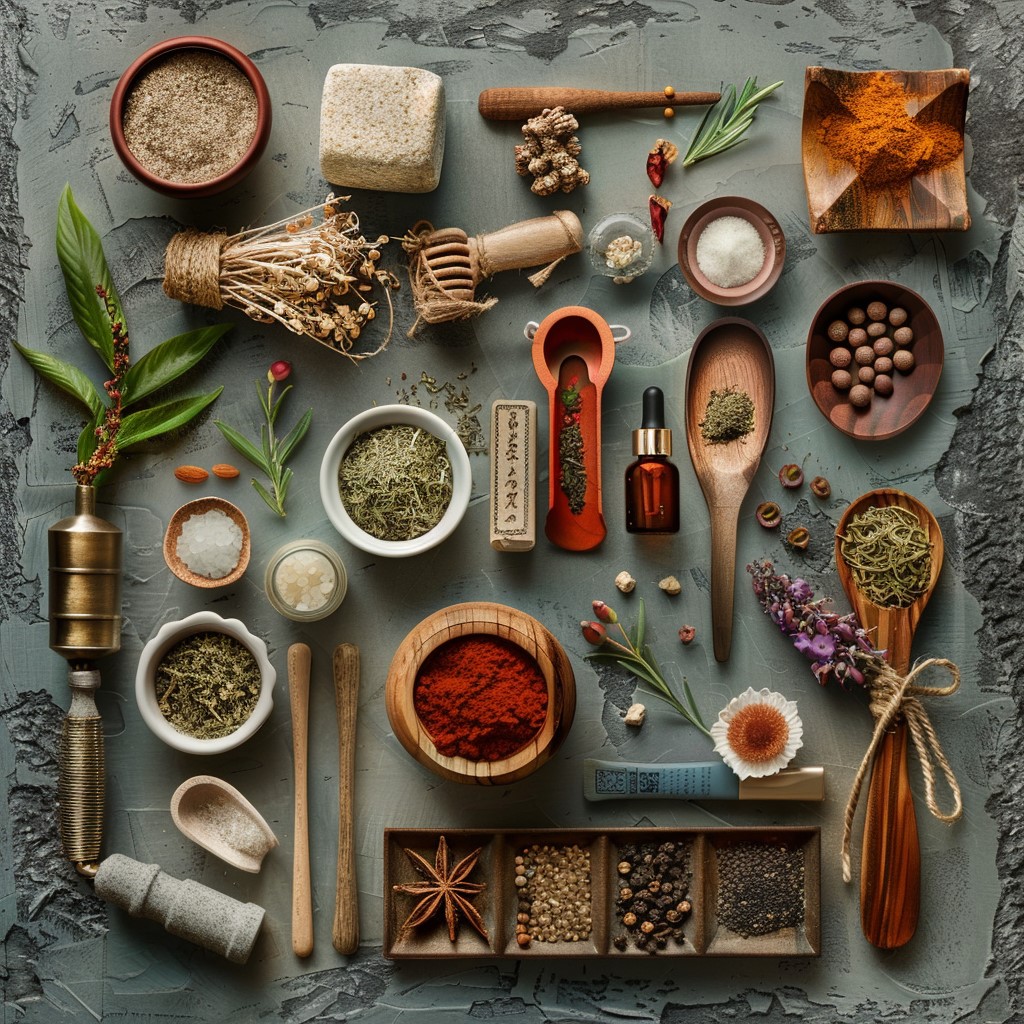 An overhead arrangement of various spices and herbs, including dried flowers, powders, and oil, displayed in bowls, containers, and wooden utensils on a textured gray surface.