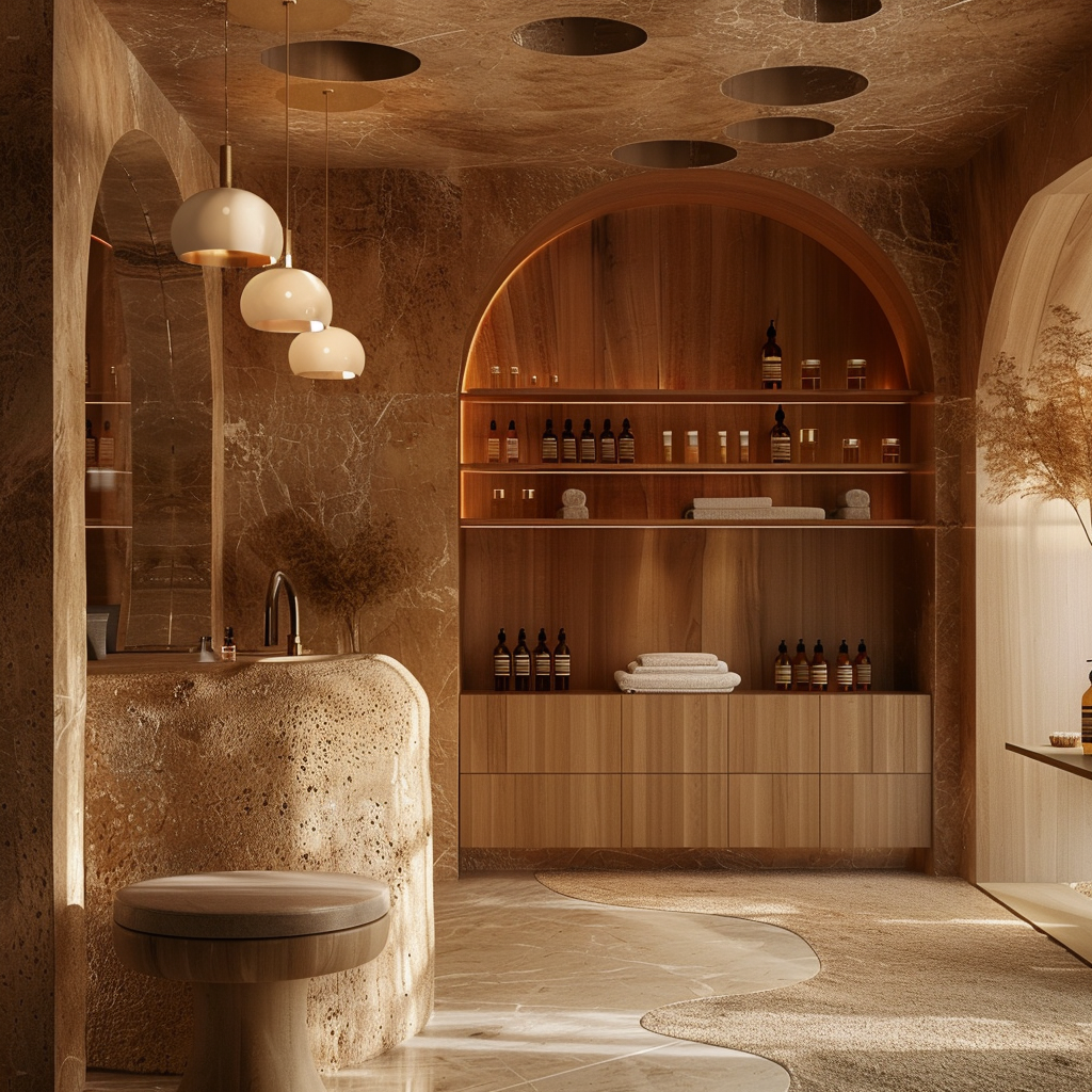 The image depicts an opulent bathroom featuring a unique blend of natural materials, including wood and stone. The room's design is characterized by rounded archways that create a sense of fluidity. * **Sinks:** * Located on the left side of the room * Crafted from light-colored stone or marble * Each sink has its own faucet and is accompanied by a mirror above it * The sinks are situated within rounded archways, adding to the room's flowing design * **Shelving:** * Situated along the back wall of the room * Made from light-colored wood or stone * Features multiple shelves with varying heights and depths * Shelves hold an assortment of items, including bottles, vases, and decorative objects * **Lighting:** * Suspended from the ceiling are several large, round lights * These lights appear to be made of a combination of metal and glass * They provide ample lighting for the room while adding an air of sophistication * **Flooring:** * The floor is covered with a light-colored stone or marble material * It features a subtle pattern, giving it a unique texture * The flooring adds to the overall sense of luxury and refinement in the bathroom * **Archways:** * The room's design incorporates several rounded archways * These archways create a sense of fluidity and continuity throughout the space * They also help to separate different areas of the room, such as the sinks and shelving In summary, this bathroom boasts an elegant design that combines natural materials with sophisticated lighting fixtures. The use of rounded archways creates a flowing layout, while the light-colored stone or marble adds a touch of luxury. Overall, the image presents a serene and refined space that is perfect for relaxation and rejuvenation.