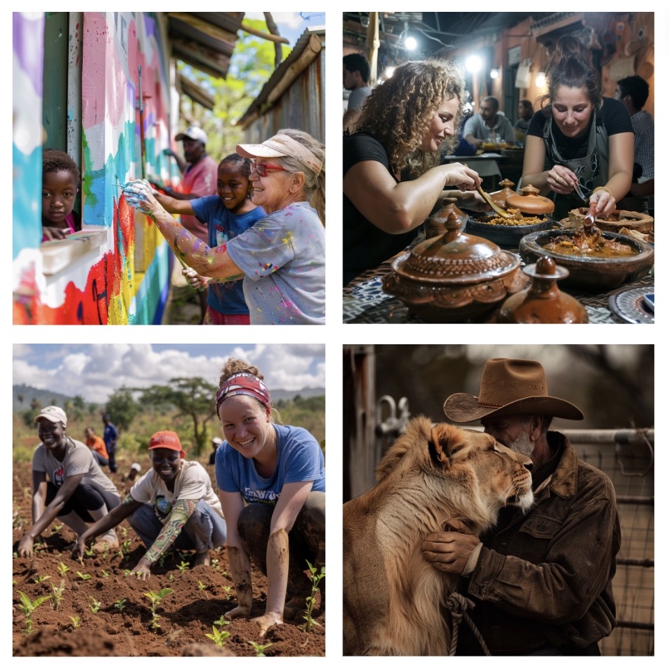 This collage features four photographs showcasing diverse activities, each set against a white background. The top left image depicts two children enthusiastically painting a wall with vibrant colors, while the adjacent image captures two individuals enjoying a meal together at a restaurant or food stall. In the bottom left corner, two adults are tending to plants in a garden or field, and on the right, an older man is tenderly embracing a lion's neck.