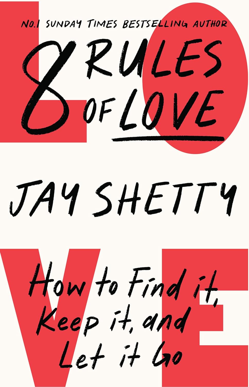 Alt tag: Book cover featuring the title "8 Rules of Love" by Jay Shetty, with a subtitle "How to Find it, Keep it, and Let it Go," displayed on a cream background with red and black text.