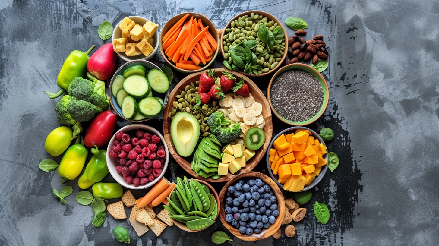 A vibrant assortment of fresh fruits, vegetables, seeds, and nuts displayed in bowls, including broccoli, strawberries, avocado, blueberries, carrots, and various greens on a textured gray background.