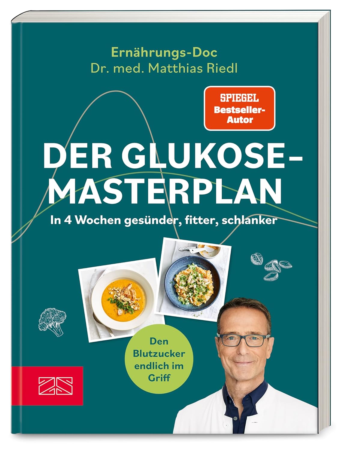 Alt tag: "Book cover titled 'Der Glukose-Masterplan' by Dr. med. Matthias Riedl, featuring healthy food images and text promoting a 4-week health plan."