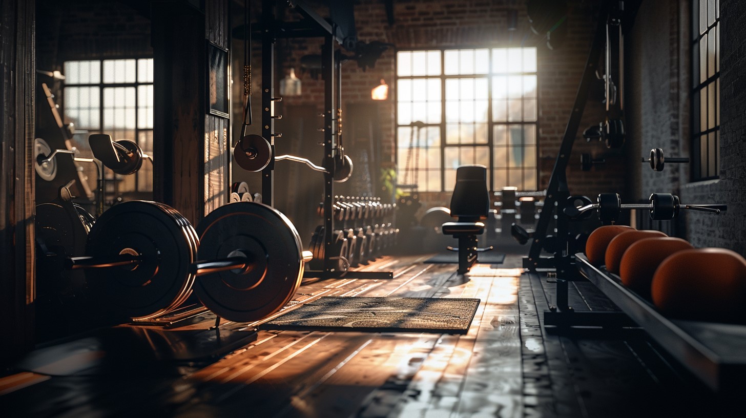 This image depicts an interior gym setting, featuring exercise equipment in the foreground. In the background, against the brick wall of the gym, various pieces of equipment are arranged, including dumbbells, barbells, and weights on racks, as well as a weight bench with a black pad. Additionally, a row of orange balls is visible on the floor. The room's lighting comes from windows in the back wall, which are partially obscured by brickwork, allowing natural light to illuminate the space. The overall atmosphere suggests an active gym environment, where people can engage in various forms of exercise and physical activity.