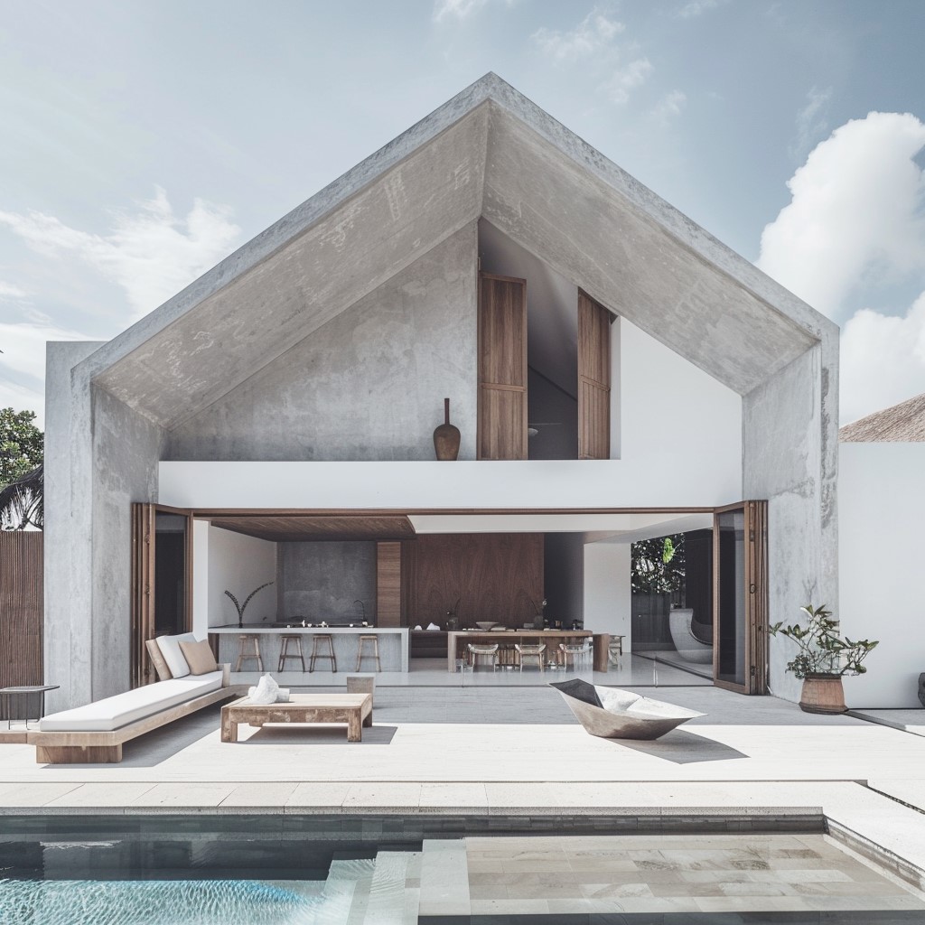 The image showcases the exterior of a modern, minimalist house with an open-plan design. The two-story structure features a gable roof and is constructed from concrete or cement, with large glass doors on each side that lead to outdoor spaces. The ground floor boasts a spacious living area with a kitchen island at its center, while the second floor offers additional seating areas with a view of the surrounding environment. In front of the house lies an inviting pool, surrounded by lounge chairs and a small table, creating a serene atmosphere perfect for relaxation or socializing.