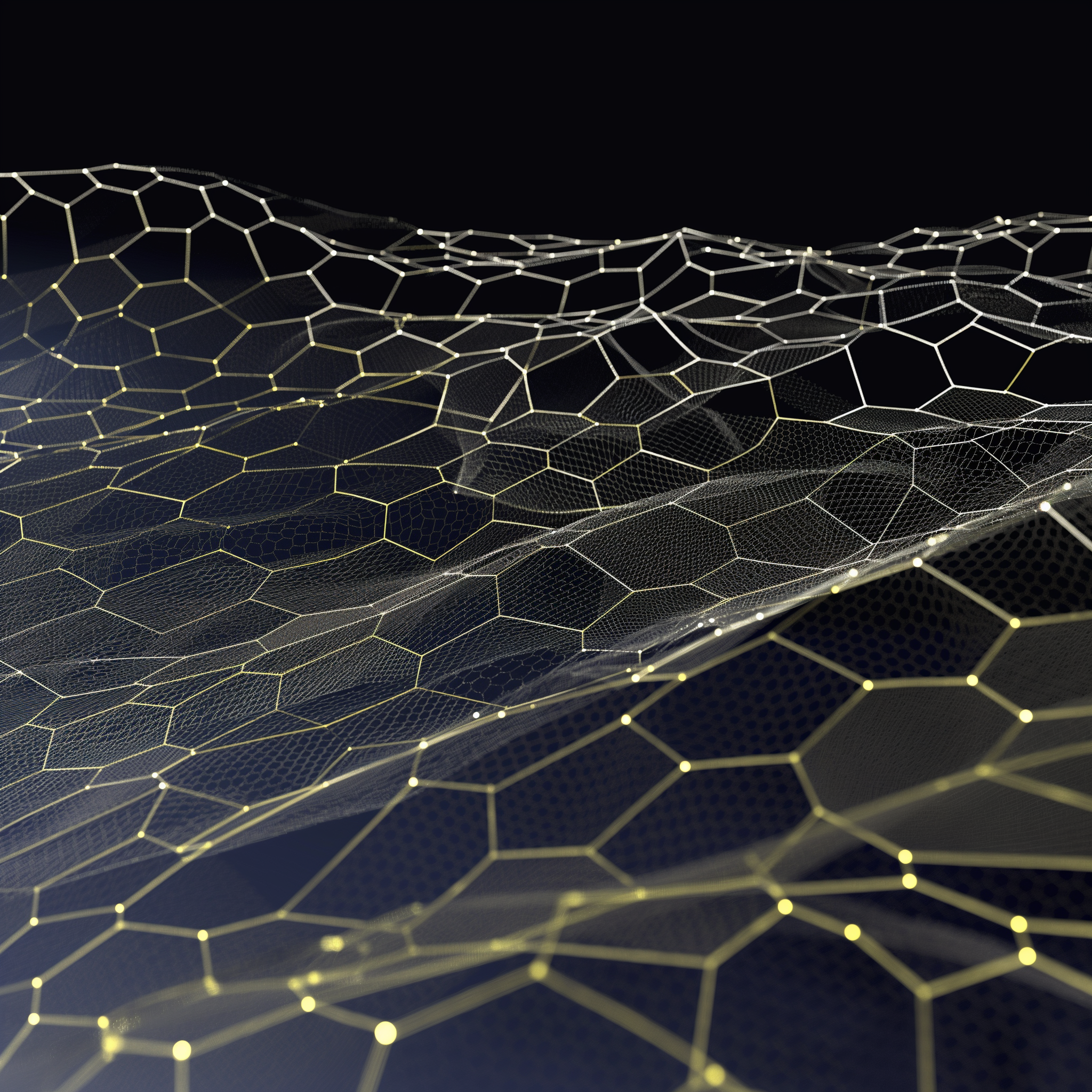 Abstract digital design featuring a network of interconnected hexagons with glowing edges, set against a dark background, creating a sense of depth and movement.