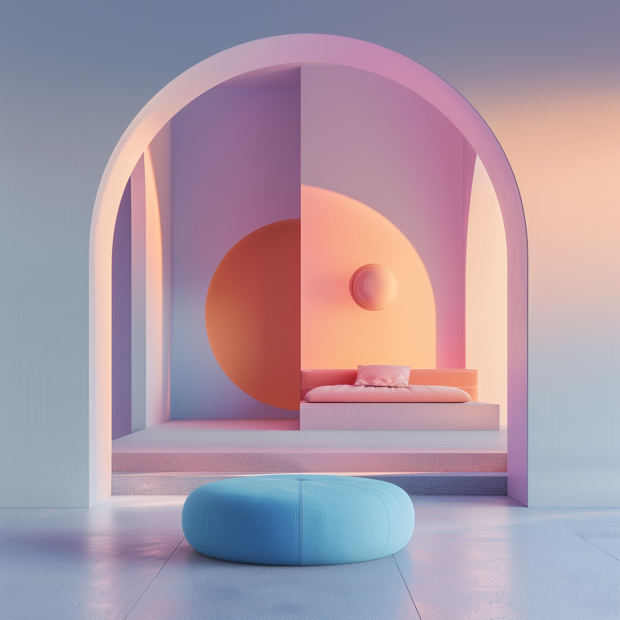 A serene, modern interior featuring an arched entrance, pastel-colored walls with circular and semi-circular shapes, a plush pink sofa, and a soft blue ottoman, creating a tranquil and artistic atmosphere.