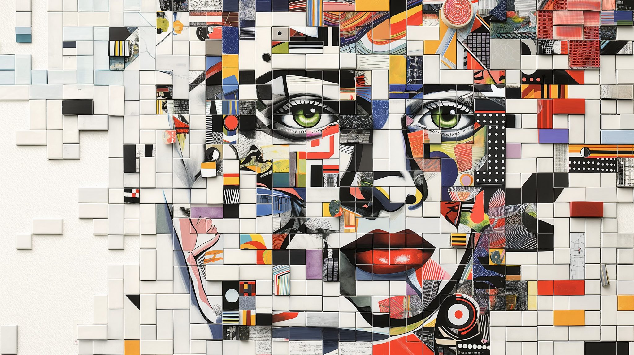 A vibrant collage featuring a stylized face composed of colorful geometric tiles and patterns, with striking green eyes and bold red lips.