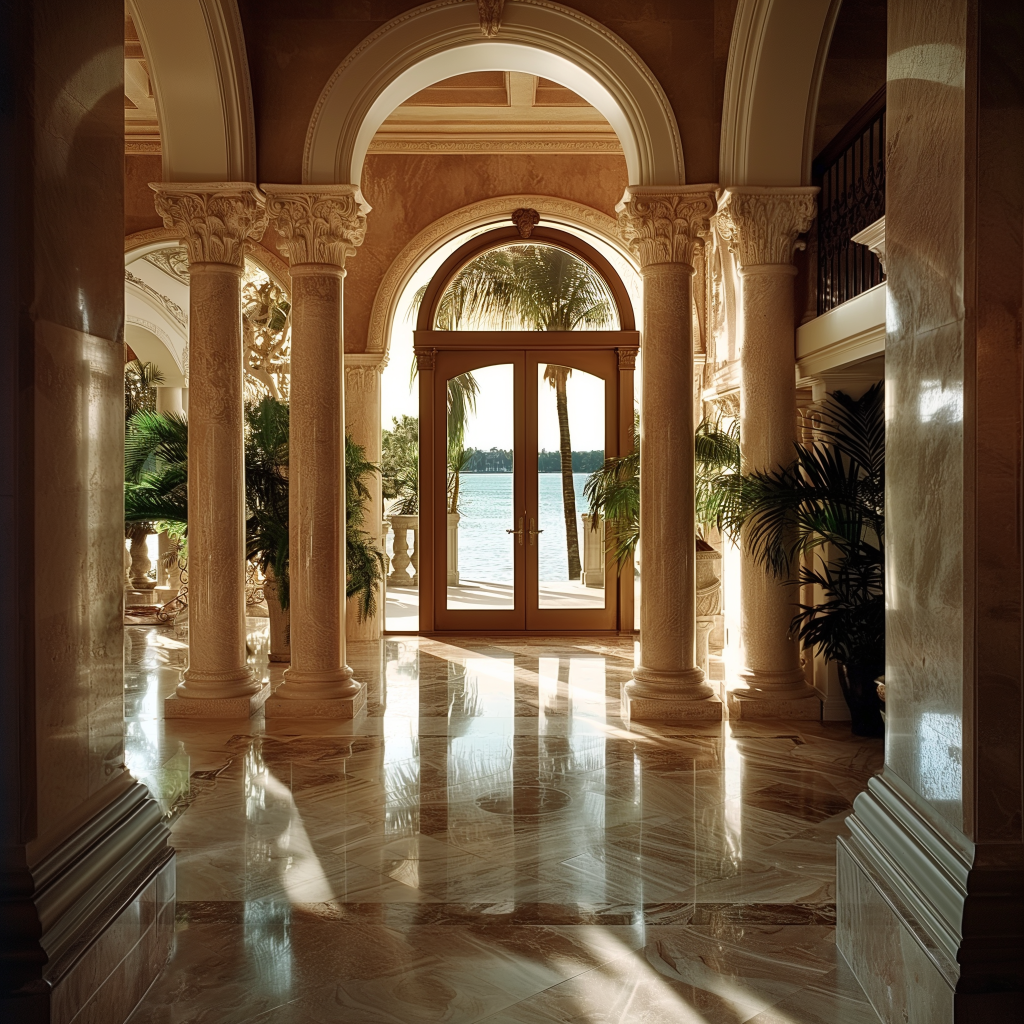 "Luxurious hallway with marble floors and tall columns, leading to glass doors that open to a scenic view of water and palm trees."