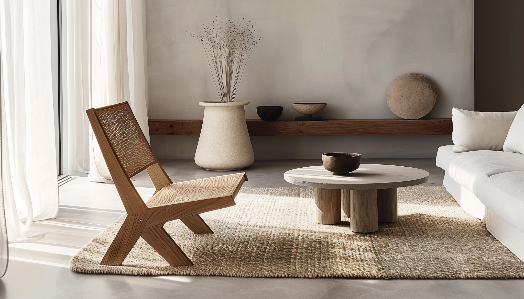 The image depicts a serene and minimalist living room, characterized by neutral tones and natural textures. The space is bathed in soft light, suggesting either an early morning or late afternoon setting. **Furniture:** * A wooden chair with a woven seat sits on a beige rug near the window. * A small, round coffee table made of wood or stone rests on a matching beige rug in front of the couch. * The couch itself is low-slung and upholstered in white fabric, complemented by two throw pillows. **Decor:** * A vase filled with dried flowers sits atop a wooden shelf against the wall behind the chair. * Two small bowls are placed on another wooden shelf to the right of the first one. * The walls are painted a light gray color, providing a subtle backdrop for the furniture and decor. **Overall Ambiance:** * The room exudes a sense of calmness and serenity, thanks to its soothing color palette and natural textures. * The abundance of beige tones creates a cozy atmosphere, while the minimal decor adds to the overall feeling of simplicity and elegance.