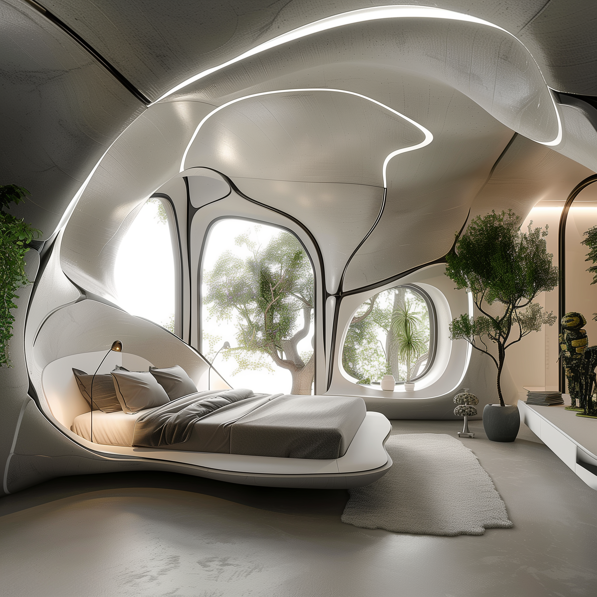 Interior of a futuristic bedroom featuring a sleek, organic-shaped bed, large windows surrounded by greenery, and soft, ambient lighting. The space is designed with smooth, flowing lines and a harmonious blend of nature and modern design.