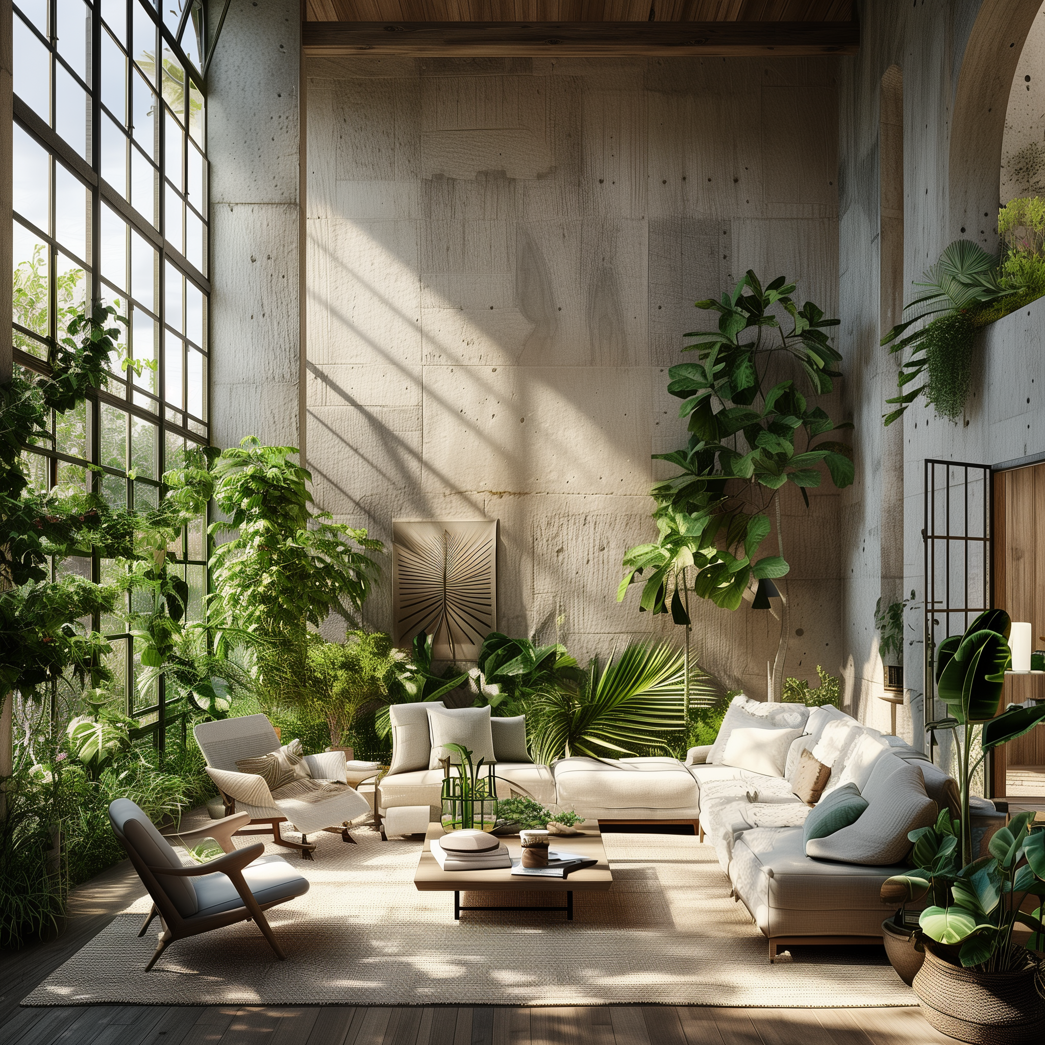 Alt tag: "Bright and airy living room filled with various indoor plants, featuring a comfortable white sofa, wooden lounge chairs, and a coffee table on a light area rug, with large windows allowing sunlight to illuminate the space."