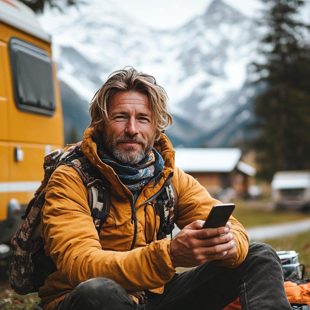A rugged man with long hair and a beard sits outdoors with a smartphone, wearing a bright orange jacket and backpack, against a backdrop of snow-capped mountains and a camper van.