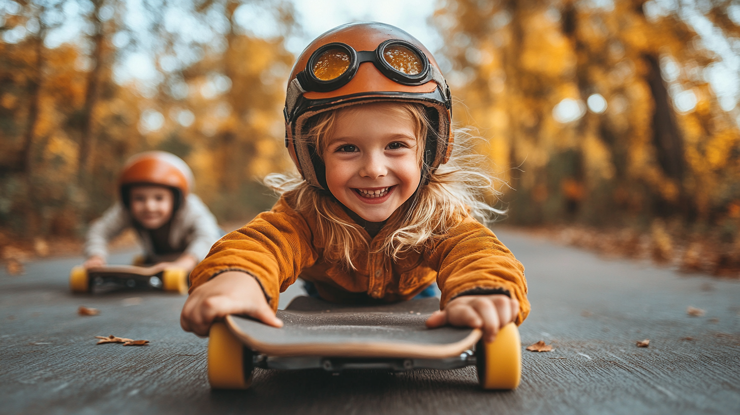 A joyful child in a brown jacket and helmet smiles widely while riding a skateboard down a tree-lined path covered with autumn leaves. Another child can be seen in the background, also skateboarding.