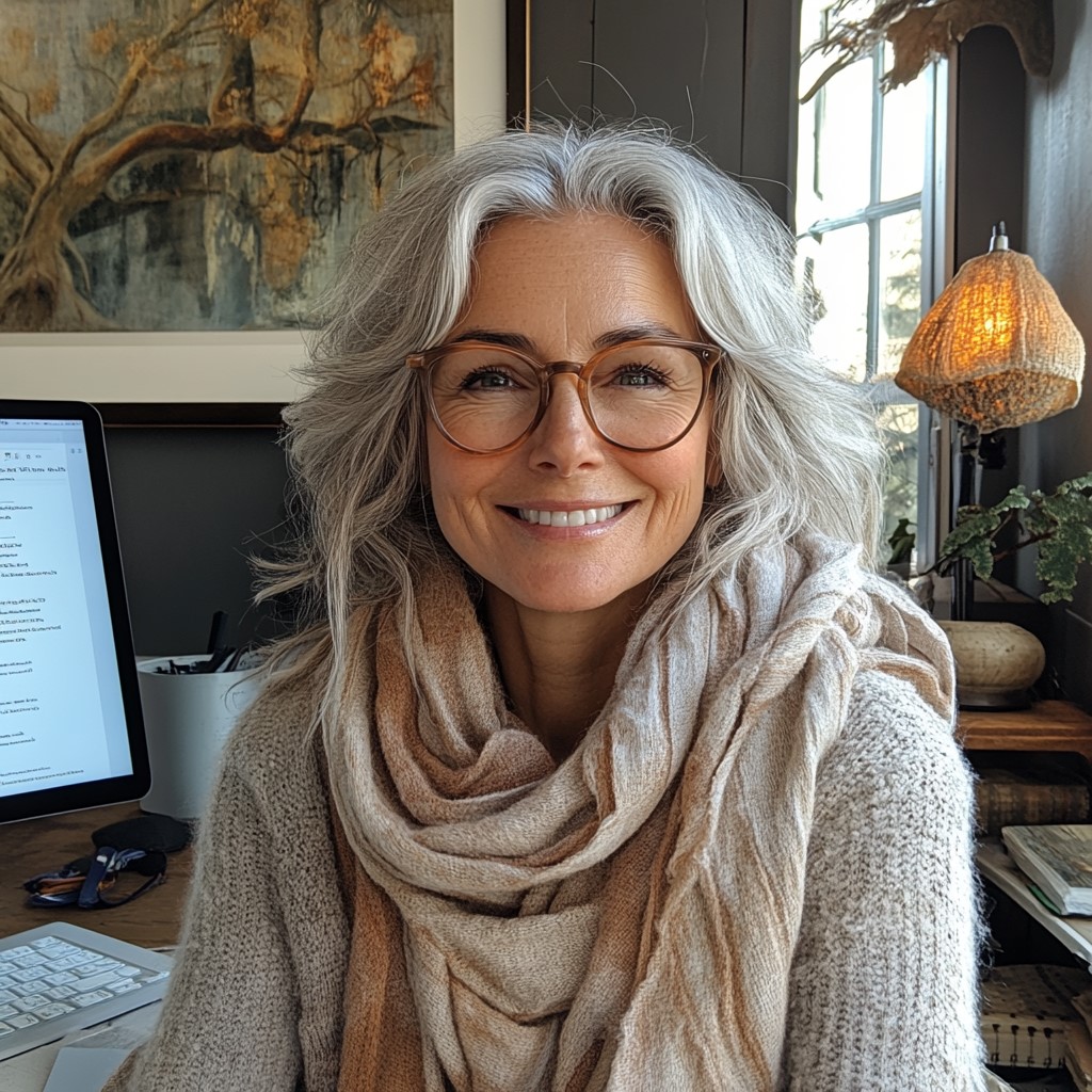 The image depicts a woman with long, wavy white hair sitting at a desk in an office setting. * The woman is wearing a beige cardigan over a light-colored shirt. + Her hair is shoulder-length and has a natural wave to it. + She is smiling and looking directly at the camera. * In front of her on the desk are various items, including: + A computer monitor with a white screen displaying text. + A keyboard and mouse. + A small plant in a pot. + A stack of papers or documents. * Behind the woman, there is a window that lets in natural light. + The window has a white frame and is partially obscured by a curtain. + Outside the window, trees and other foliage can be seen. Overall, the image suggests that the woman is working in an office environment, possibly as a writer or editor, given the presence of papers and documents on her desk.