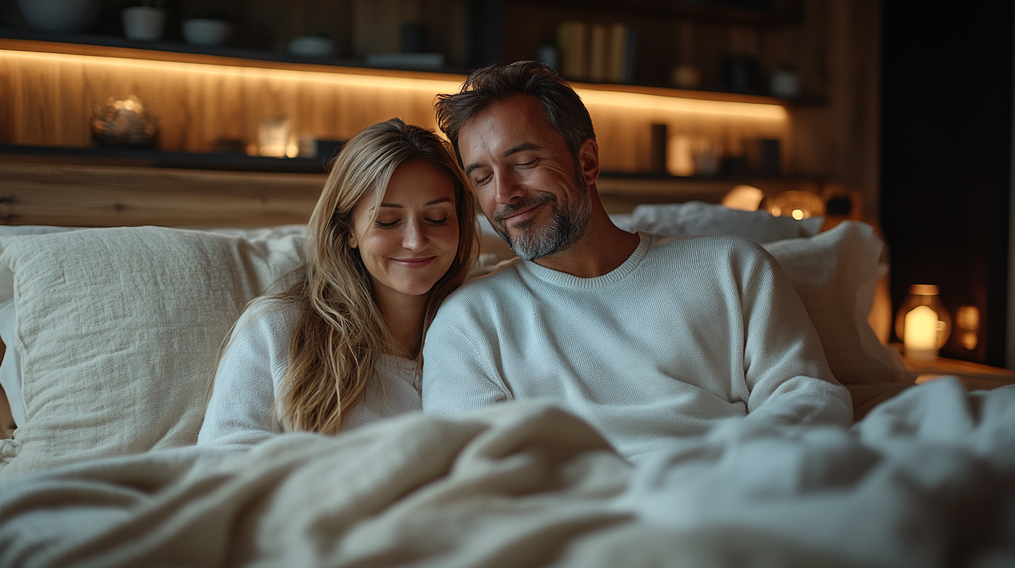 A cozy couple smiling at each other while snuggled under blankets in a warmly lit bedroom.