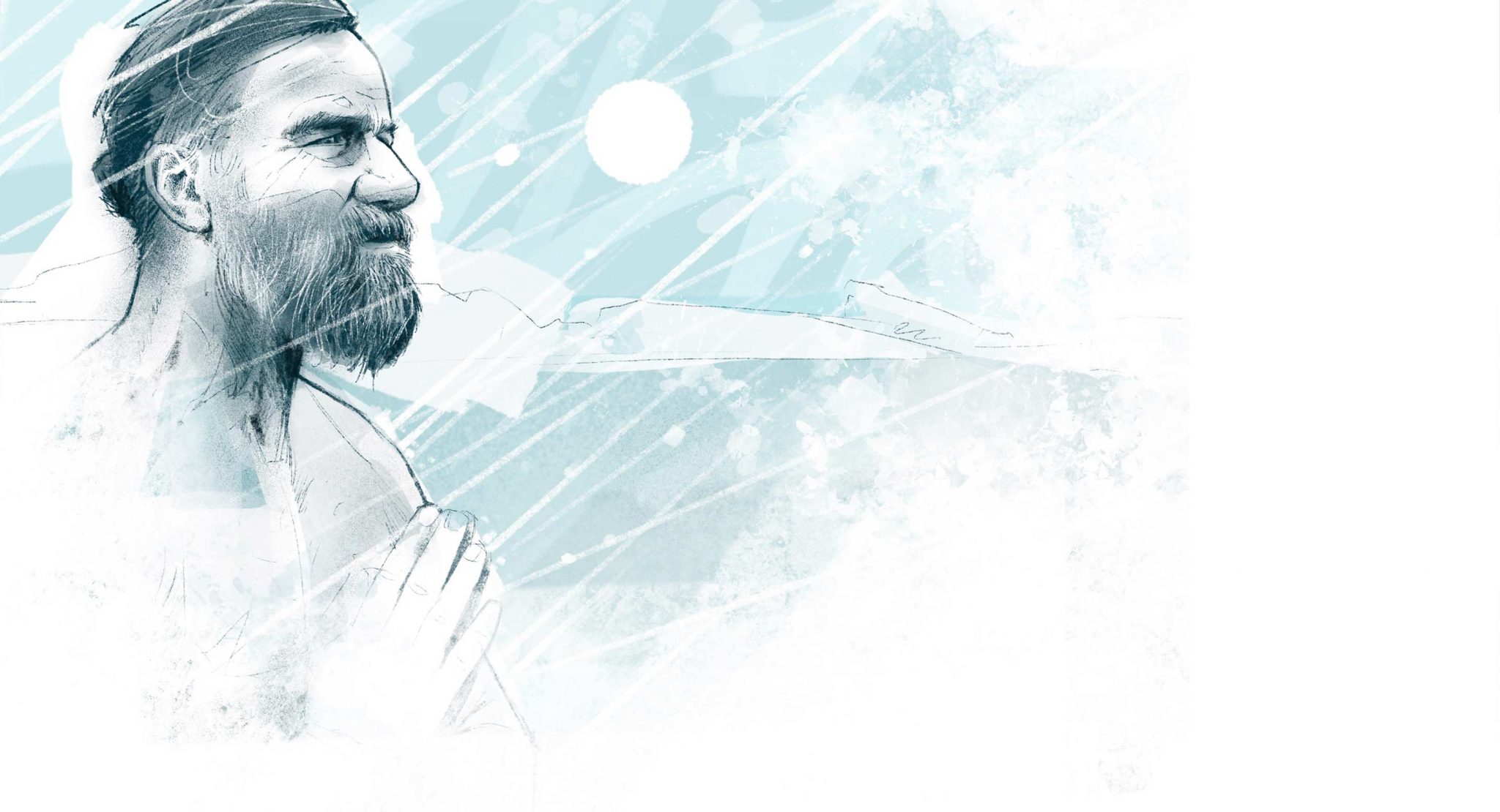 This image depicts a serene scene featuring a man with a beard, gazing out at the moon. In the foreground, the man's face is prominently displayed on the left side of the image, set against an abstract blue-green background that resembles water or sky. His short dark hair and facial features are intricately detailed in pencil-style lines. The top portion of his body appears to be partially obscured by a white border. The moon shines brightly in the upper-right corner of the image, its light illuminating the surrounding area. A subtle white border frames the bottom of the image, adding depth and context to the overall composition.