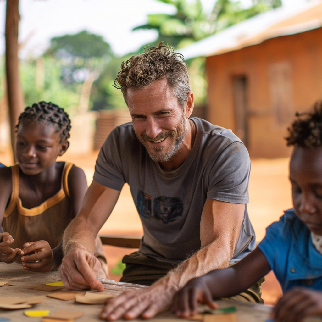 A smiling adult man engaging with two children at a wooden table, playing with colorful shapes in a rural outdoor setting, surrounded by greenery and a rustic building.