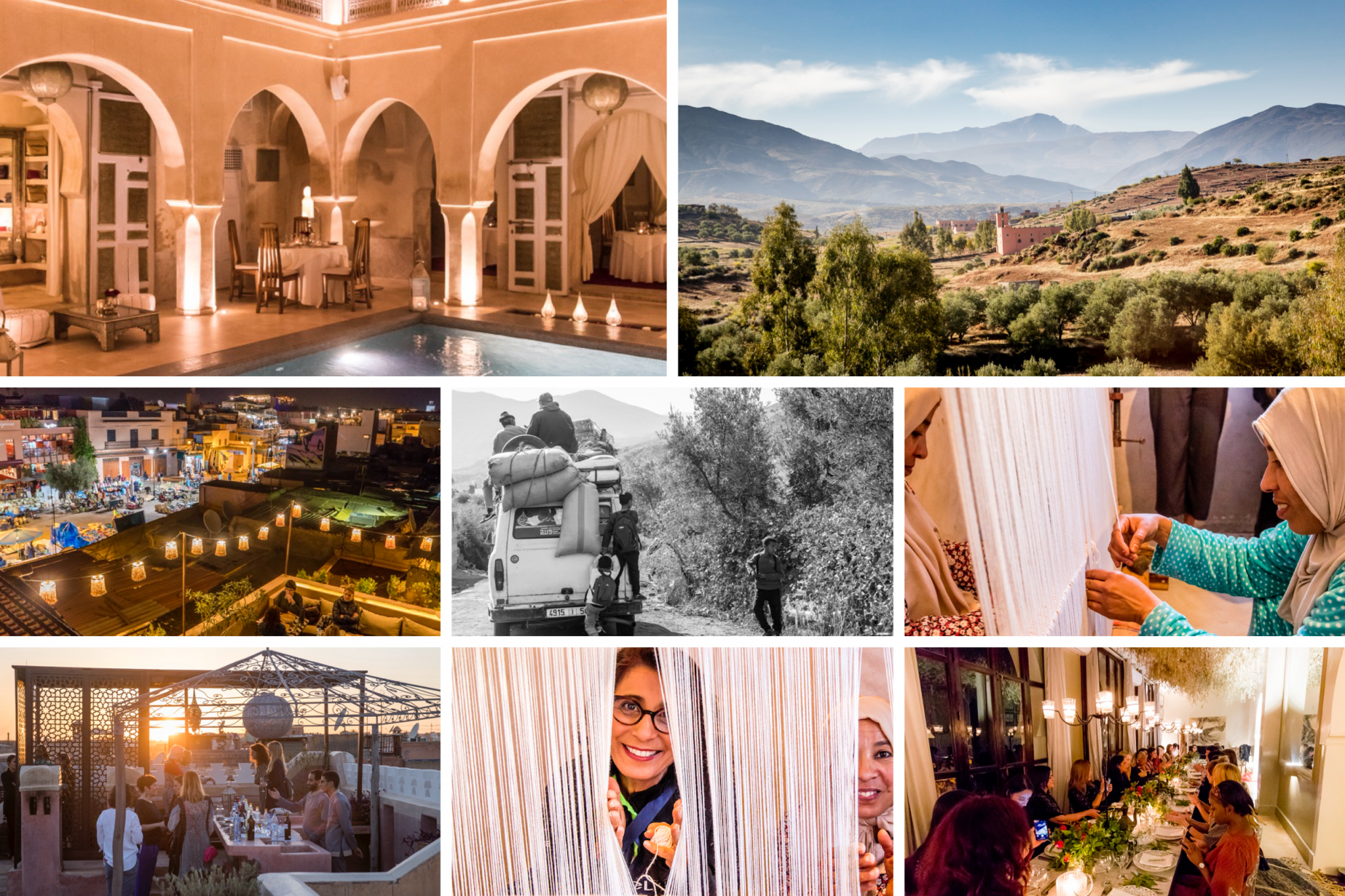 A collage of stunning Moroccan scenes, including a luxurious riad interior with a pool, mountainous landscapes, bustling market views, travelers on a van, artisans weaving, a sunset rooftop gathering, and friends enjoying a meal together.
