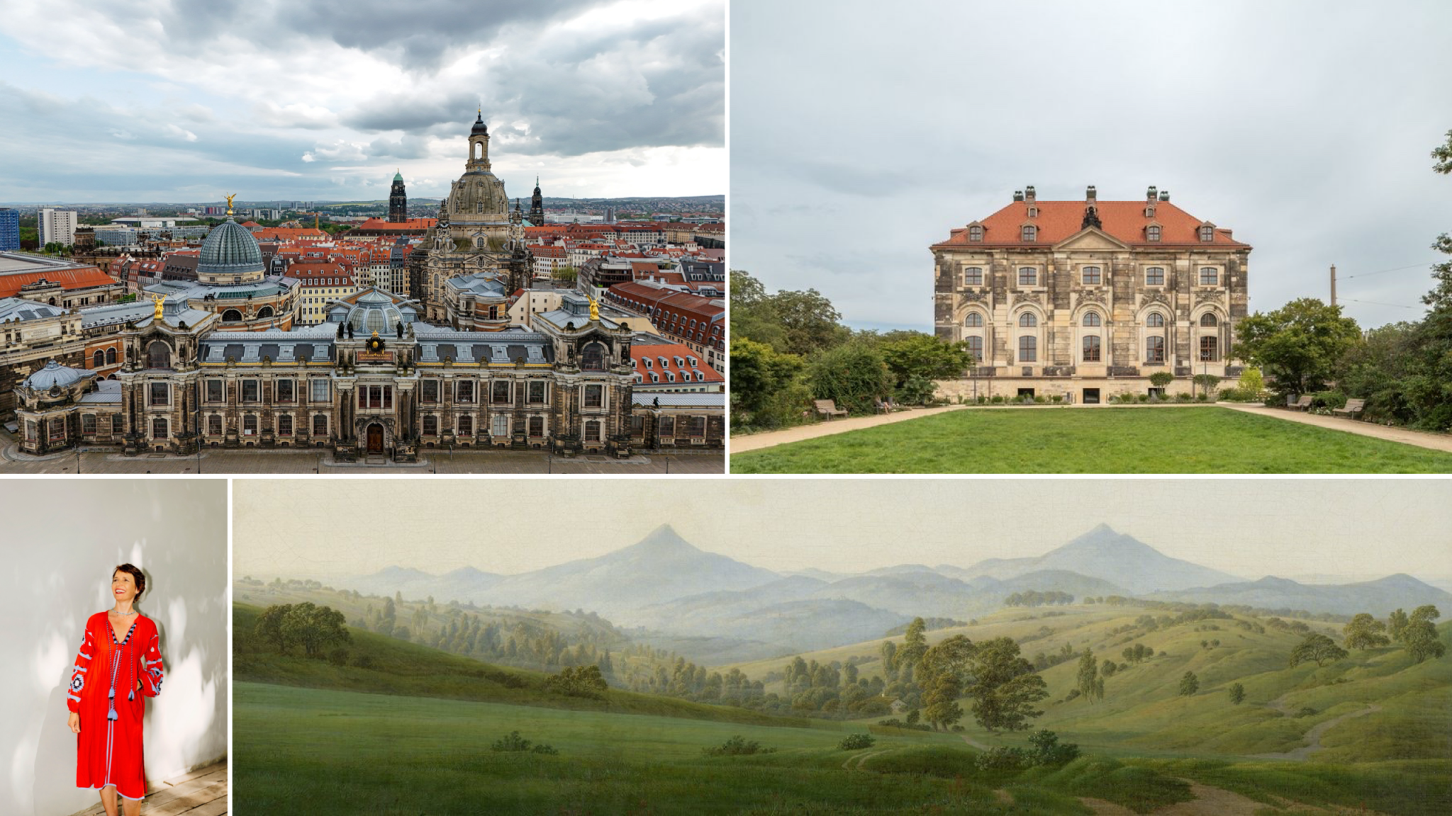 A collage featuring an aerial view of a historic city with domed buildings under a cloudy sky, a picturesque villa surrounded by greenery, a woman in a red dress posing in a bright interior, and a serene landscape painting depicting rolling hills and distant mountains.
